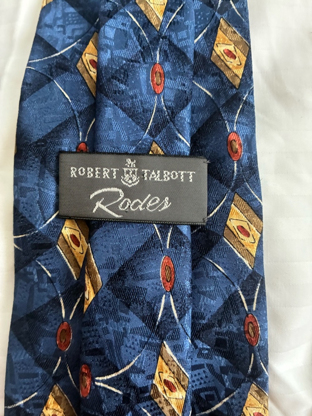 Robert Talbott Blue Silk Tie with Gold Diamonds and Red Accents